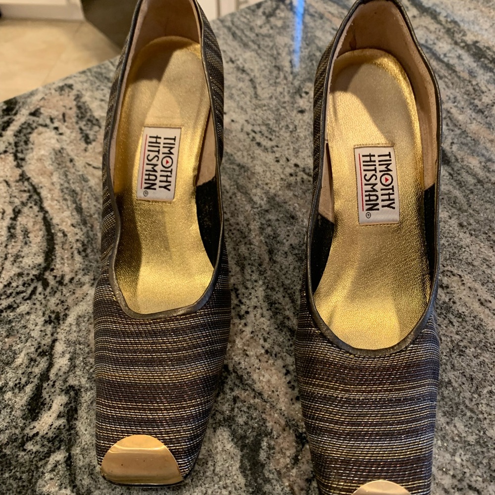 Timothy Hitsman Brown Heels with Textured Fabric gold toe and heel